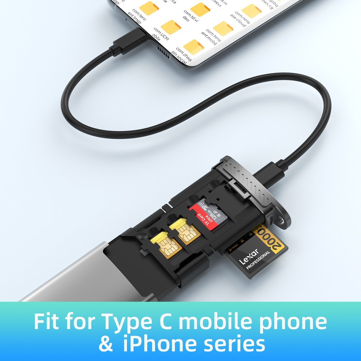 NÖRDIC USB-A 3.1, USB-C 3.1, Lightning-kortlæser og opbevaringsskab 2 slot SD, MicroSD, 1xUSB-A UHS-I