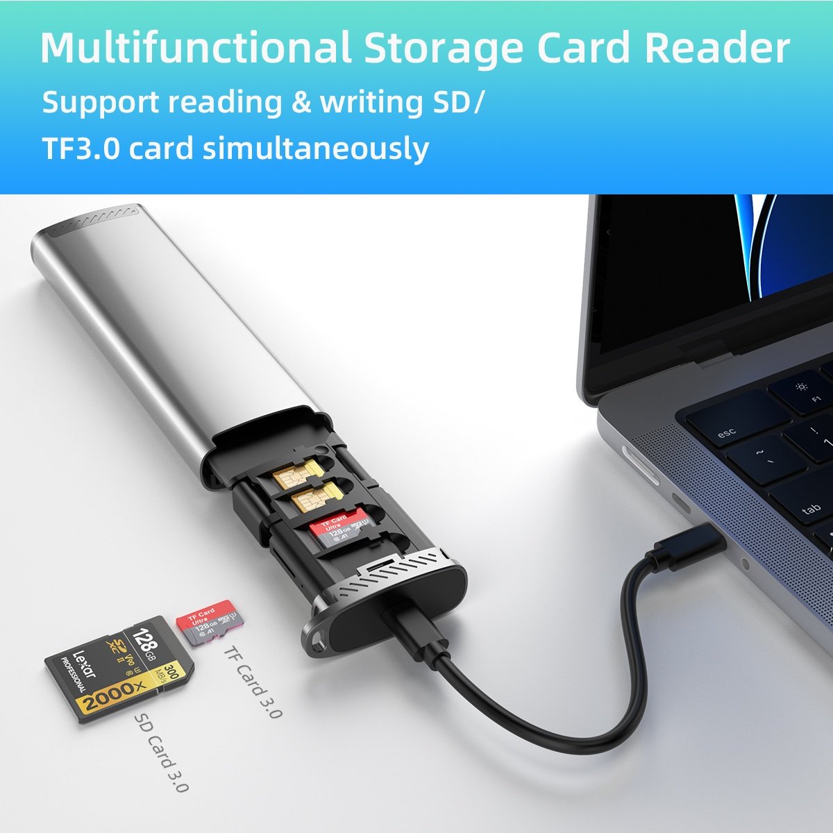 NÖRDIC USB-A 3.1, USB-C 3.1, Lightning-kortlæser og opbevaringsskab 2 slot SD, MicroSD, 1xUSB-A UHS-I