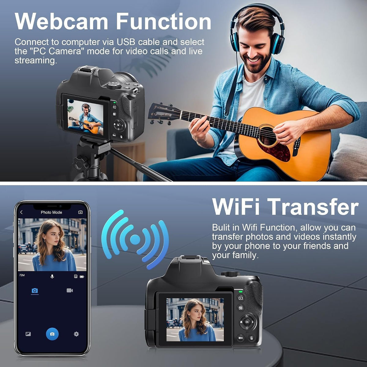 NÖRDIC Digitalkamera 4K 64 MP med WiFi, 10× optisk zoom, vlogkamera til YouTube, autofokus, kompakt kamera