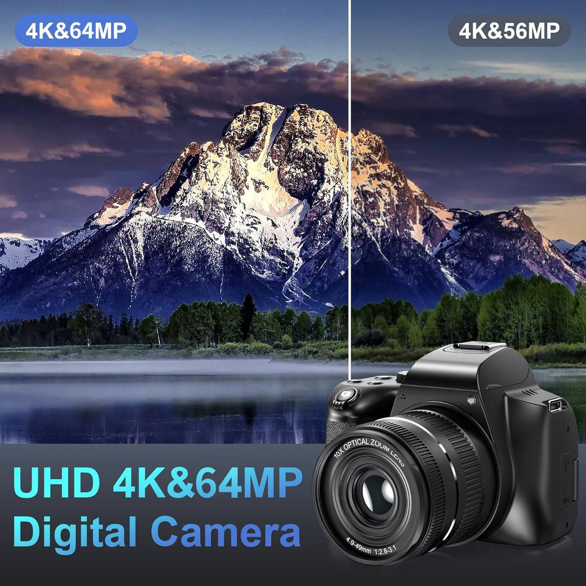 NÖRDIC Digitalkamera 4K 64 MP med WiFi, 10× optisk zoom, vlogkamera til YouTube, autofokus, kompakt kamera
