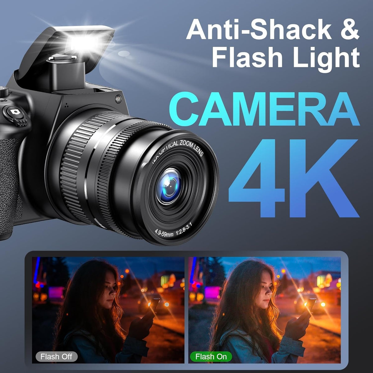 NÖRDIC Digitalkamera 4K 64 MP med WiFi, 10× optisk zoom, vlogkamera til YouTube, autofokus, kompakt kamera