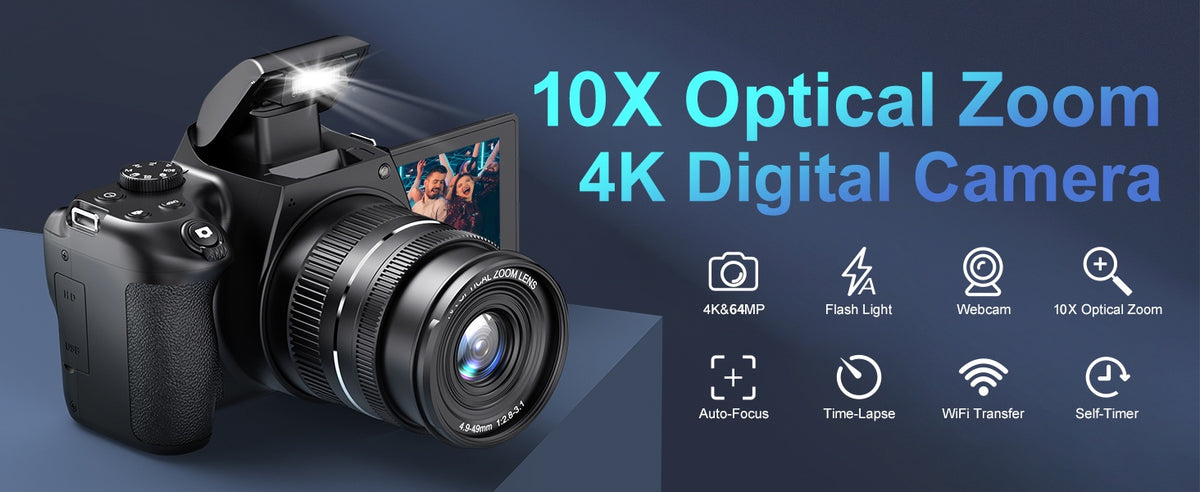 NÖRDIC Digitalkamera 4K 64 MP med WiFi, 10× optisk zoom, vlogkamera til YouTube, autofokus, kompakt kamera