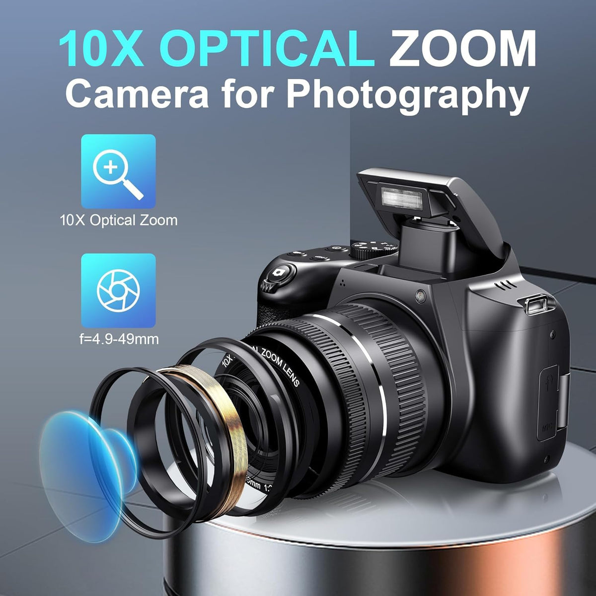NÖRDIC Digitalkamera 4K 64 MP med WiFi, 10× optisk zoom, vlogkamera til YouTube, autofokus, kompakt kamera