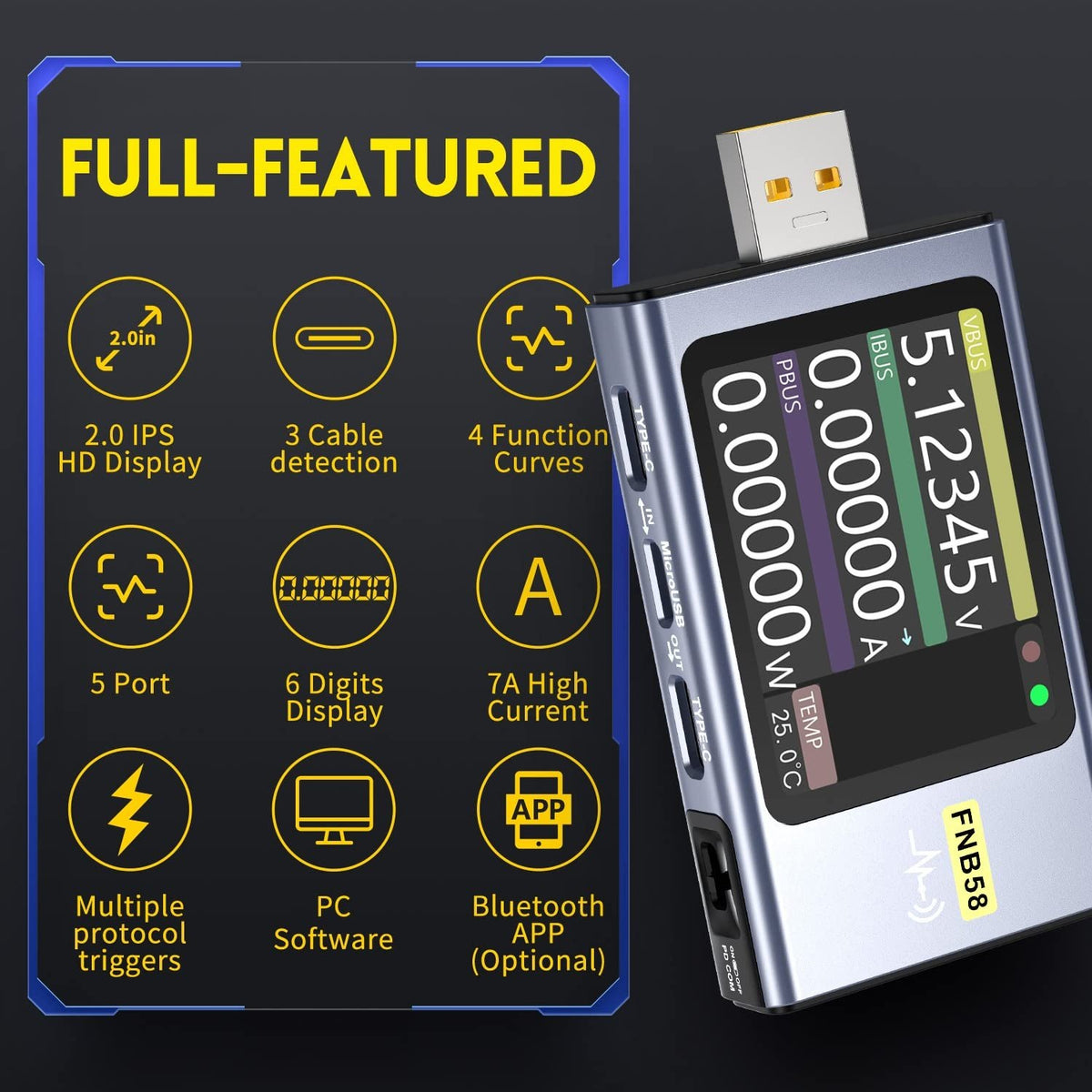 FNIRSI Digital USB tester voltmeter og kabeltester