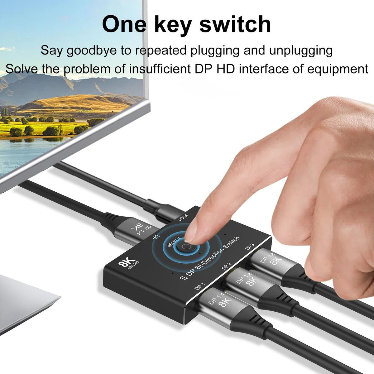 NÖRDIC Displayport 3 til 1 switch eller 1 til 3 splitter DP1.4 8K30Hz 4k120Hz 32.4Gbps