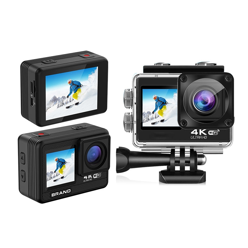 NÖRDIC Actionkamera med dobbeltskærm 4K@30Hz, WiFi, 30m vandtæt, 20 MP, 2,0"/1,3" skærme