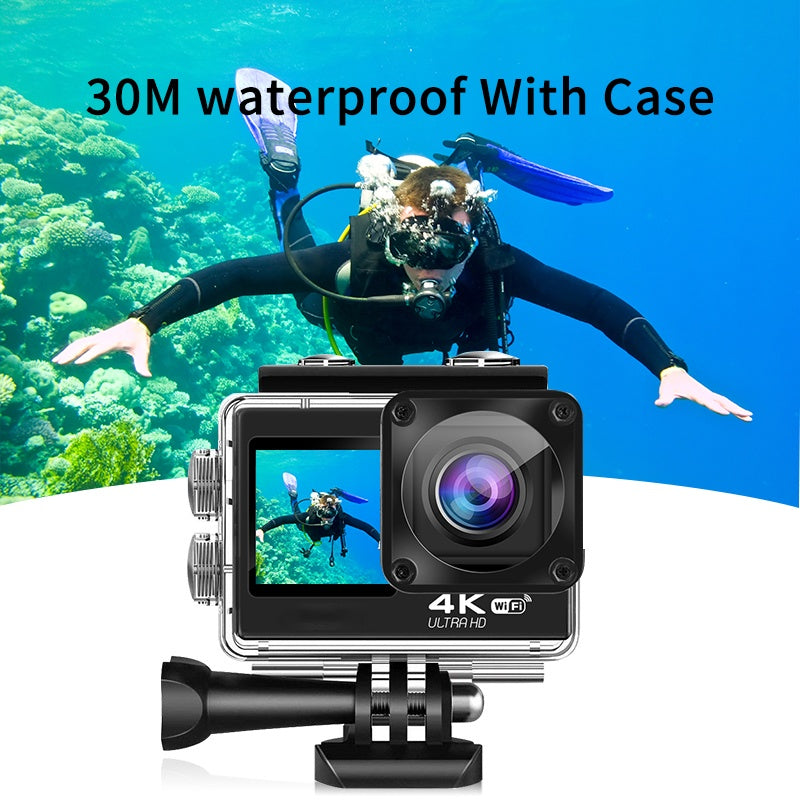 NÖRDIC Actionkamera med dobbeltskærm 4K@30Hz, WiFi, 30m vandtæt, 20 MP, 2,0"/1,3" skærme