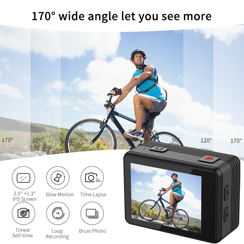 NÖRDIC Actionkamera med dobbeltskærm 4K@30Hz, WiFi, 30m vandtæt, 20 MP, 2,0"/1,3" skærme