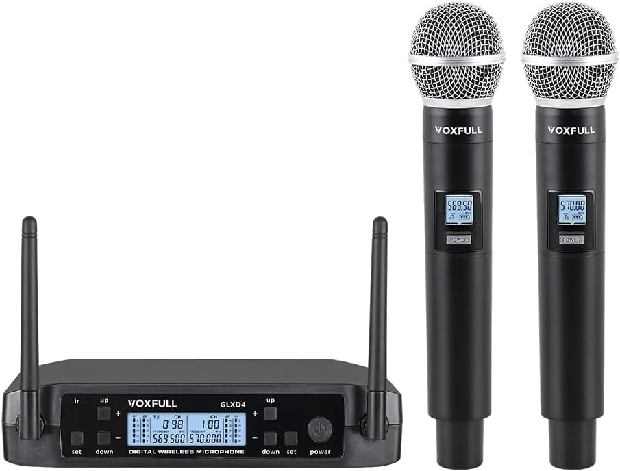 NÖRDIC Trådløst dobbelt mikrofonsystem med 2 dynamiske mikrofoner, justerbare UHF-kanaler, 50 m rækkevidde, trådløse mikrofoner til karaoke