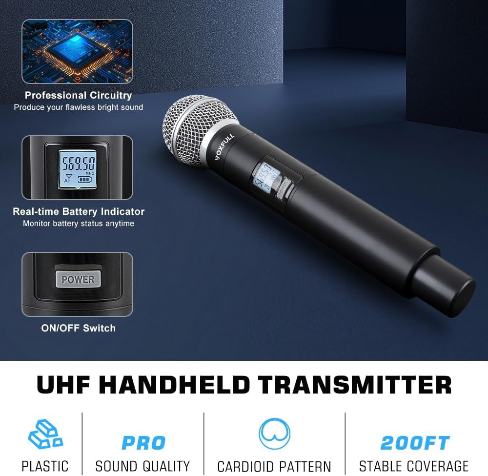 NÖRDIC Trådløst dobbelt mikrofonsystem med 2 dynamiske mikrofoner, justerbare UHF-kanaler, 50 m rækkevidde, trådløse mikrofoner til karaoke
