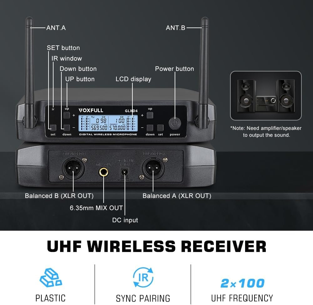 NÖRDIC Trådløst dobbelt mikrofonsystem med 2 dynamiske mikrofoner, justerbare UHF-kanaler, 50 m rækkevidde, trådløse mikrofoner til karaoke