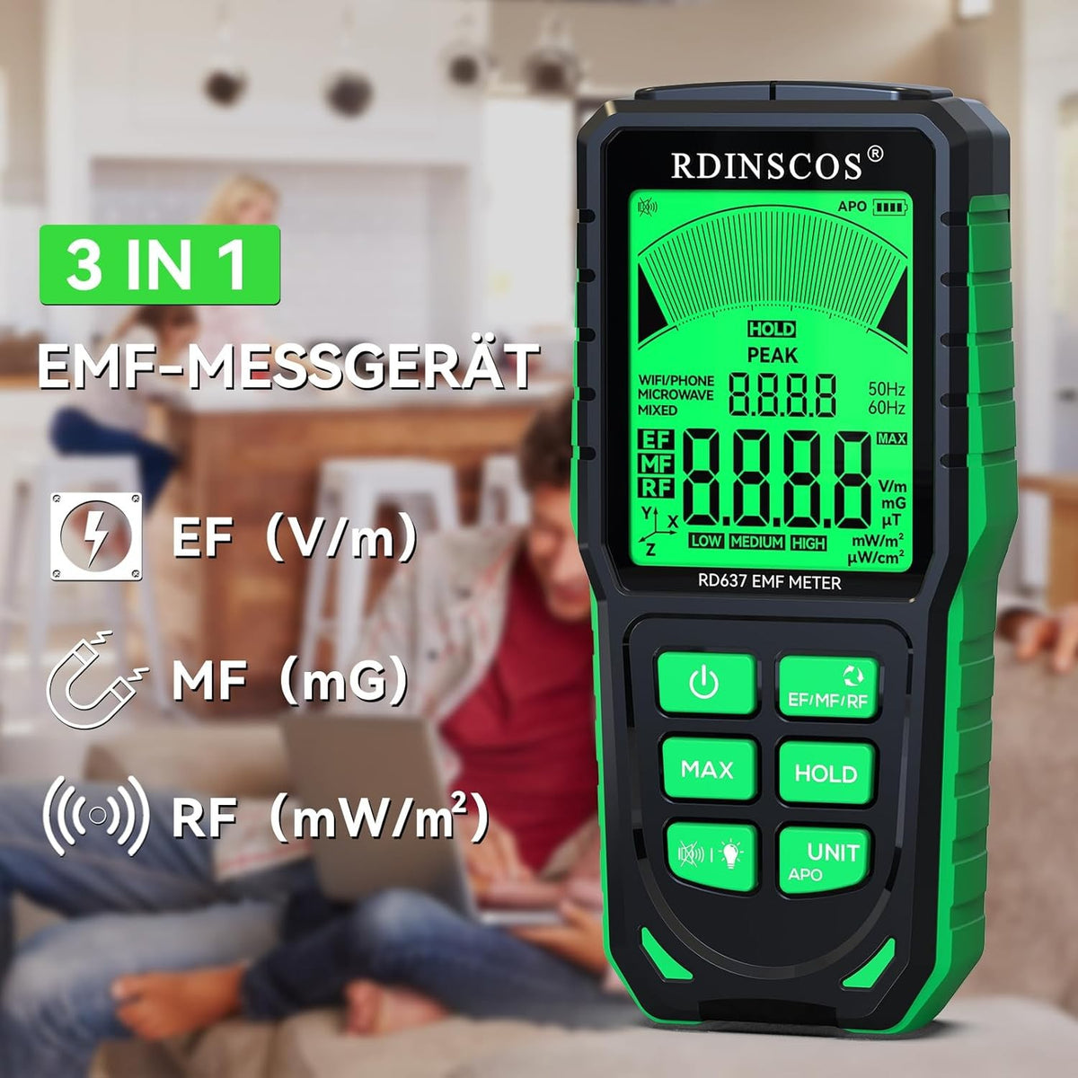 NÖRDIC EMF-måler håndholdt strålingsdetektor til EF, MF, RF, WiFi, mikrobølger
