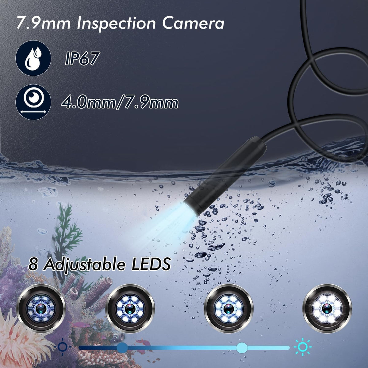 NÖRDIC 5m Endoskopkamera til mobiltelefon med lys, 1080P HD, 8 LED-lys, vandtæt IP67, ingen WiFi nødvendig, Android og iOS