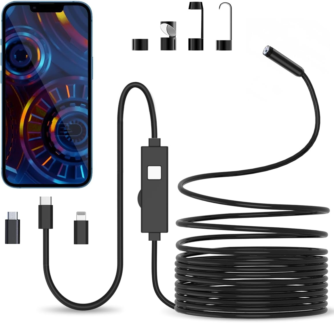 NÖRDIC 10m Endoskopkamera til mobiltelefon med lys, 1080P HD, 8 LED-lys, vandtæt IP67, ingen WiFi nødvendig, Android og iOS