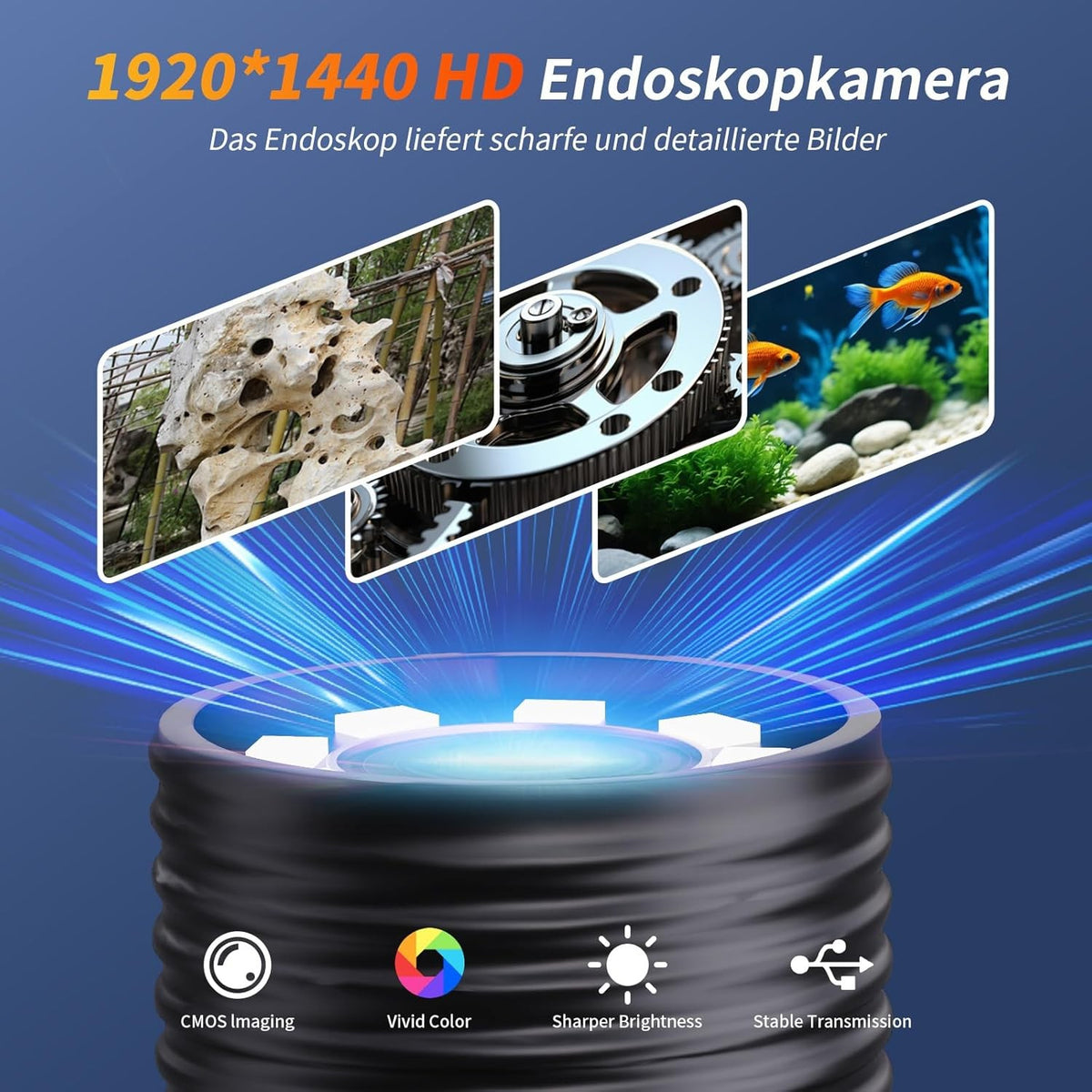 NÖRDIC 10m Endoskopkamera til mobiltelefon med lys, 1080P HD, 8 LED-lys, vandtæt IP67, ingen WiFi nødvendig, Android og iOS