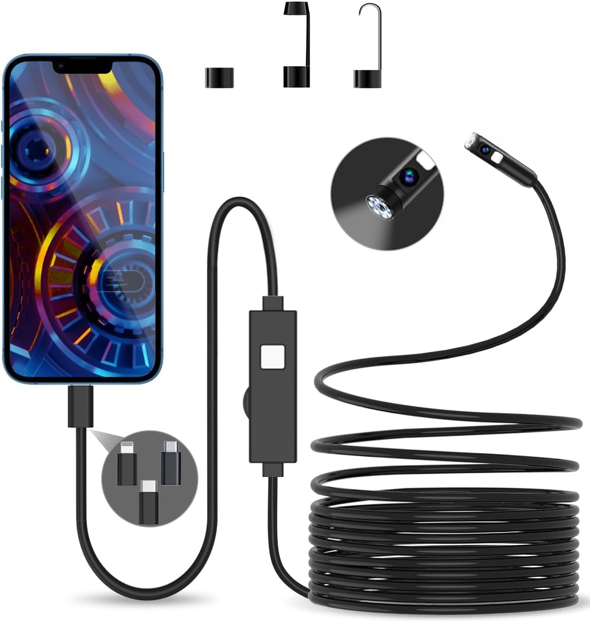 NÖRDIC 5m Endoskopkamera med dobbeltlinse til mobiltelefon med lys, 1080P HD, 8 LED-lys, vandtæt IP67, intet WiFi kræves, Android og iOS