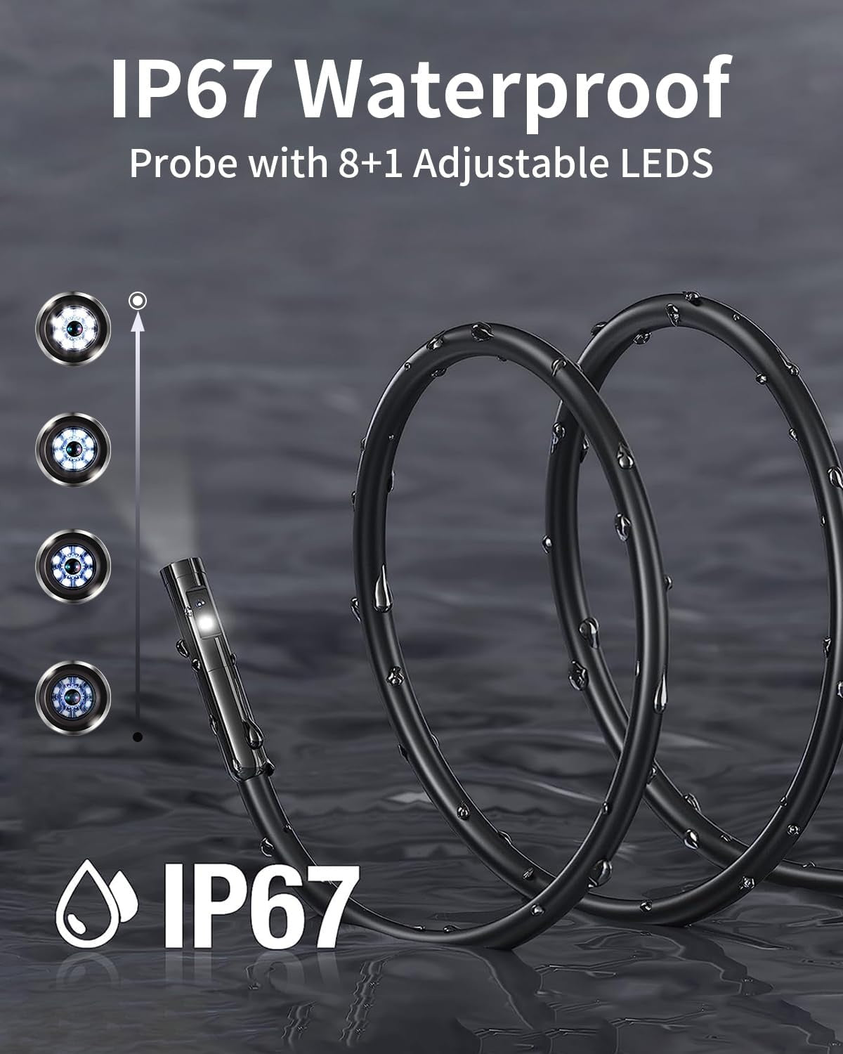 NÖRDIC 5m Endoskopkamera med dobbeltlinse til mobiltelefon med lys, 1080P HD, 8 LED-lys, vandtæt IP67, intet WiFi kræves, Android og iOS