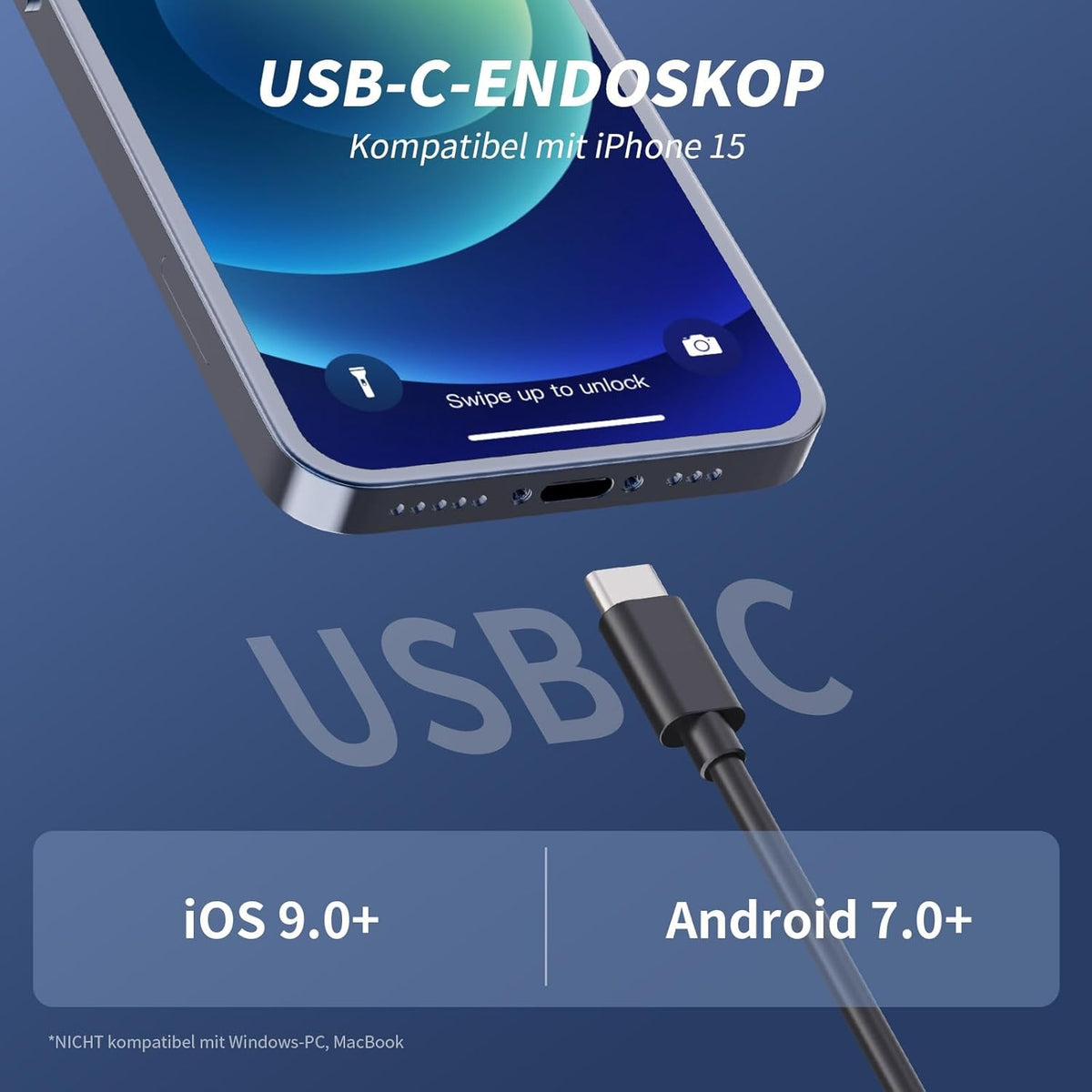 NÖRDIC 5m Endoskopkamera til mobiltelefon med lys, 1080P HD, 8 LED-lys, vandtæt IP67, ingen WiFi nødvendig, Android og iOS