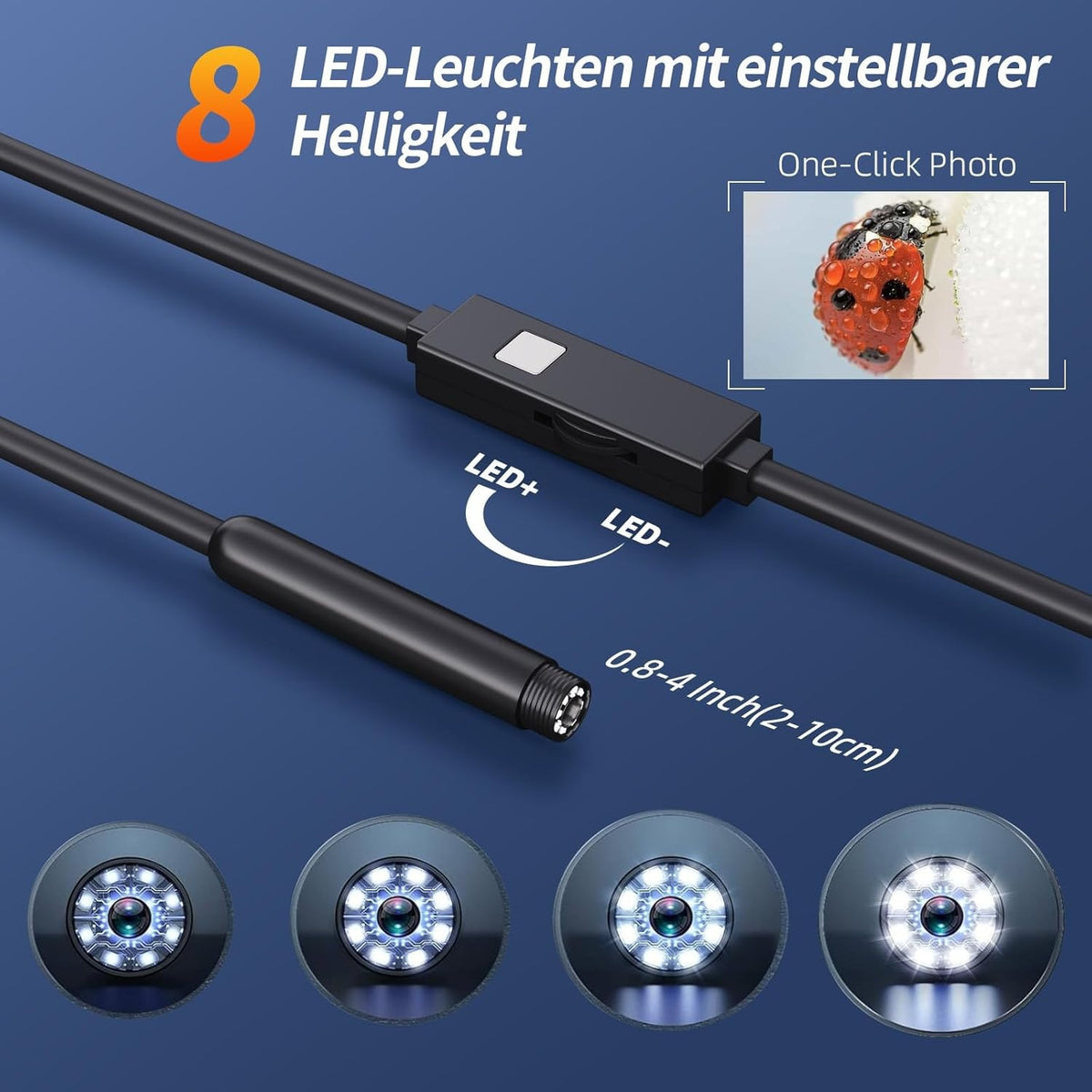 NÖRDIC 5m Endoskopkamera til mobiltelefon med lys, 1080P HD, 8 LED-lys, vandtæt IP67, ingen WiFi nødvendig, Android og iOS