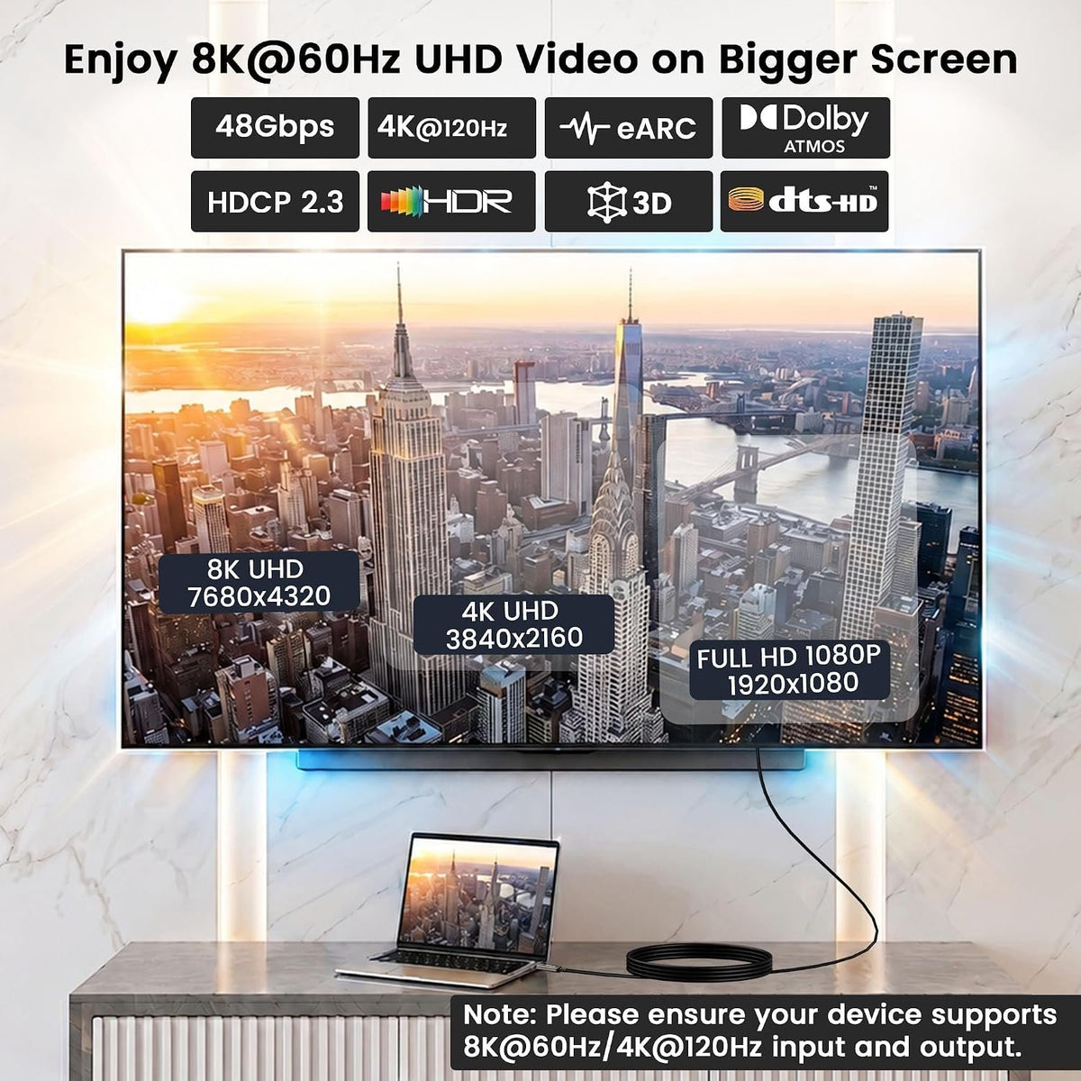NÖRDIC Fiber AOC 10m USB-C til HDMI 2.1-kabel 8K@60Hz, 4K@120Hz, 48Gbps, HDR, kompatibel med Thunderbolt 3 og 4