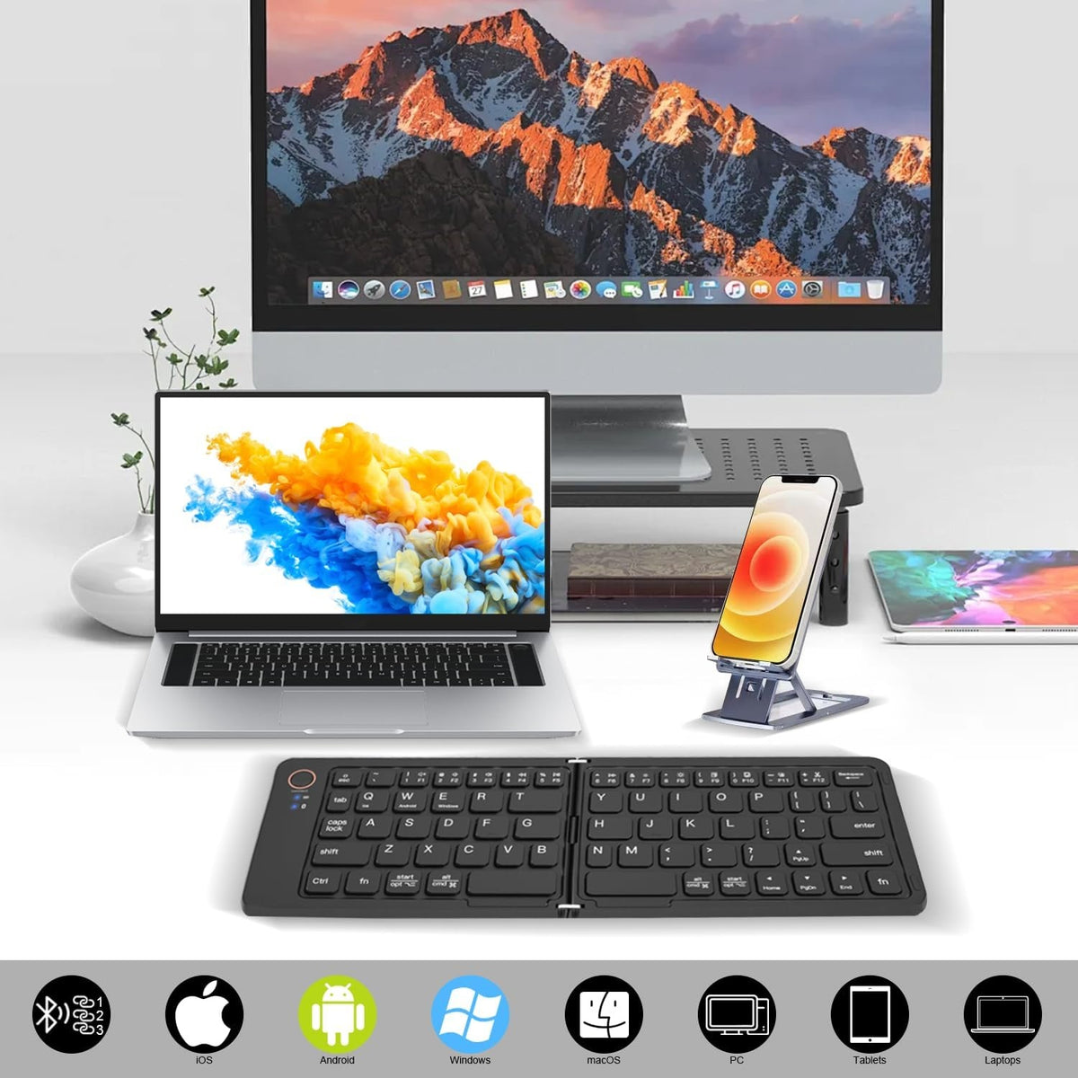 NÖRDIC Foldbart Slim Bluetooth-tastatur i lommestørrelse, kompatibelt med iOS, Android og Windows, til smartphone, tablet, iPad, iPhone og laptop, US-layout