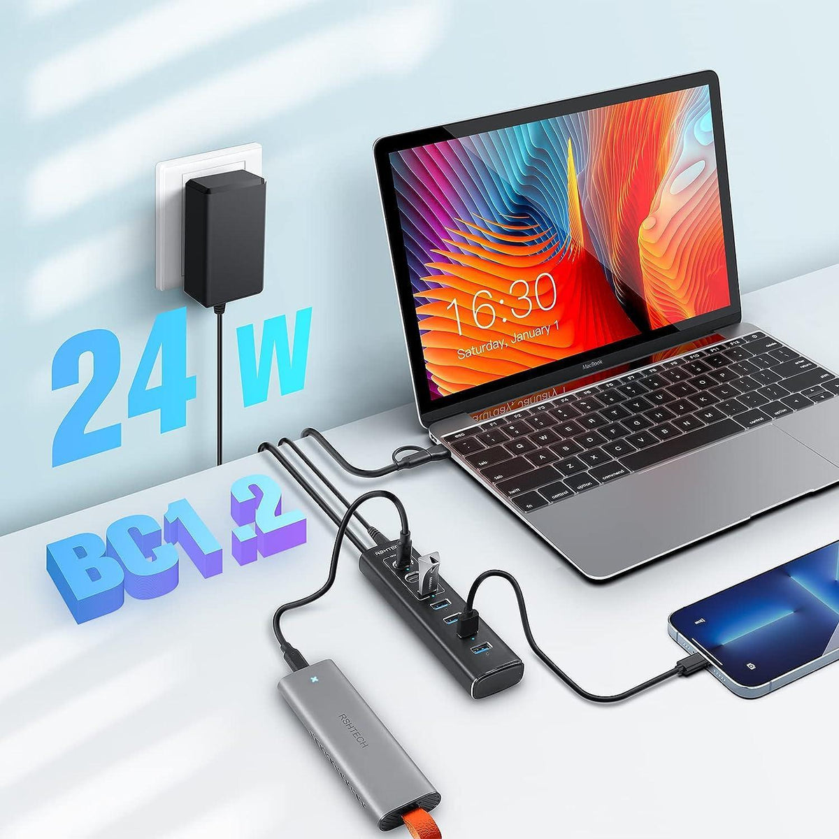 NÖRDIC GEN 3.2 USB-C og USB-A drevet Hubb 7-porte 3x10Gbps 4x5Gbps 1m kabel individuel switch
