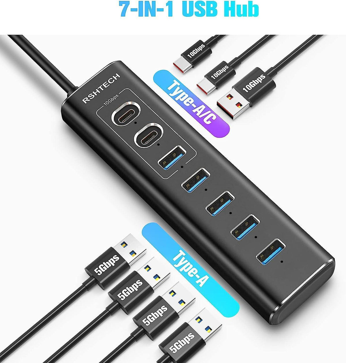 NÖRDIC GEN 3.2 USB-C og USB-A drevet Hubb 7-porte 3x10Gbps 4x5Gbps 1m kabel individuel switch