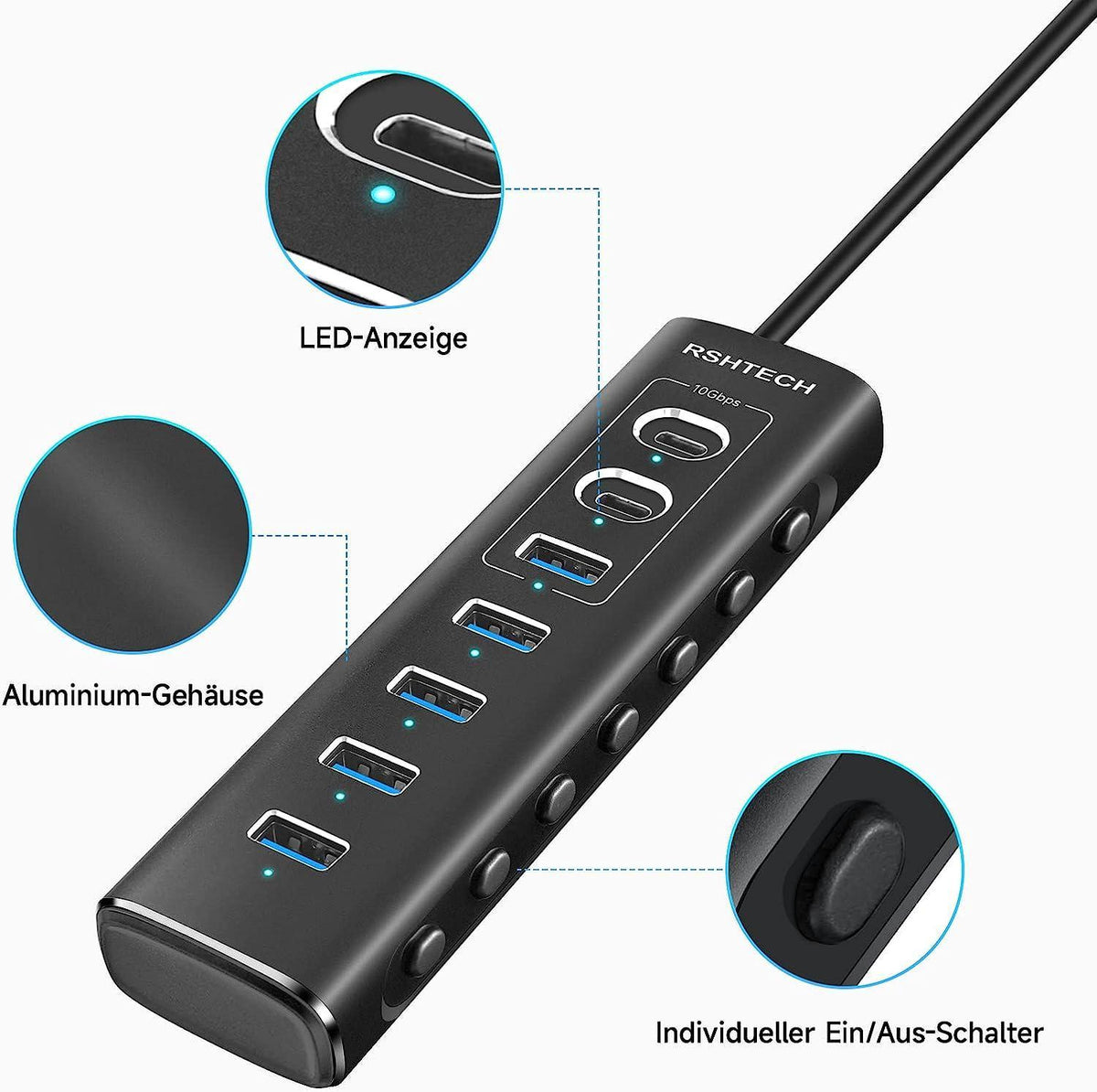 NÖRDIC GEN 3.2 USB-C og USB-A drevet Hubb 7-porte 3x10Gbps 4x5Gbps 1m kabel individuel switch