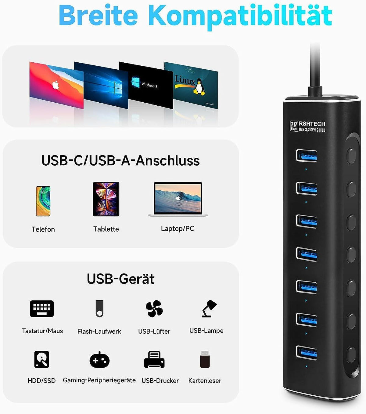 NÖRDIC GEN 3.2 USB-C og USB-A drevet Hub 7ports 7x10Gbps 1m kabel individuel switch