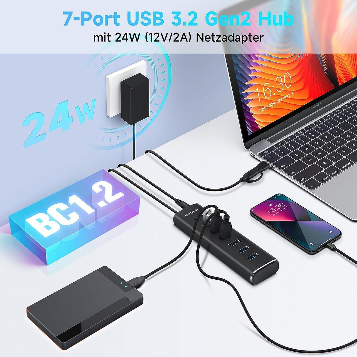 NÖRDIC GEN 3.2 USB-C og USB-A drevet Hub 7ports 7x10Gbps 1m kabel individuel switch