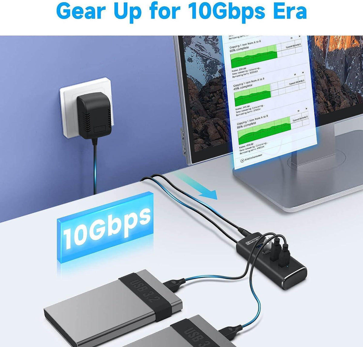 NÖRDIC Gen2 3.2 USB-A 4-ports Powered Hub 10Gbps 1m kabel individuel switch