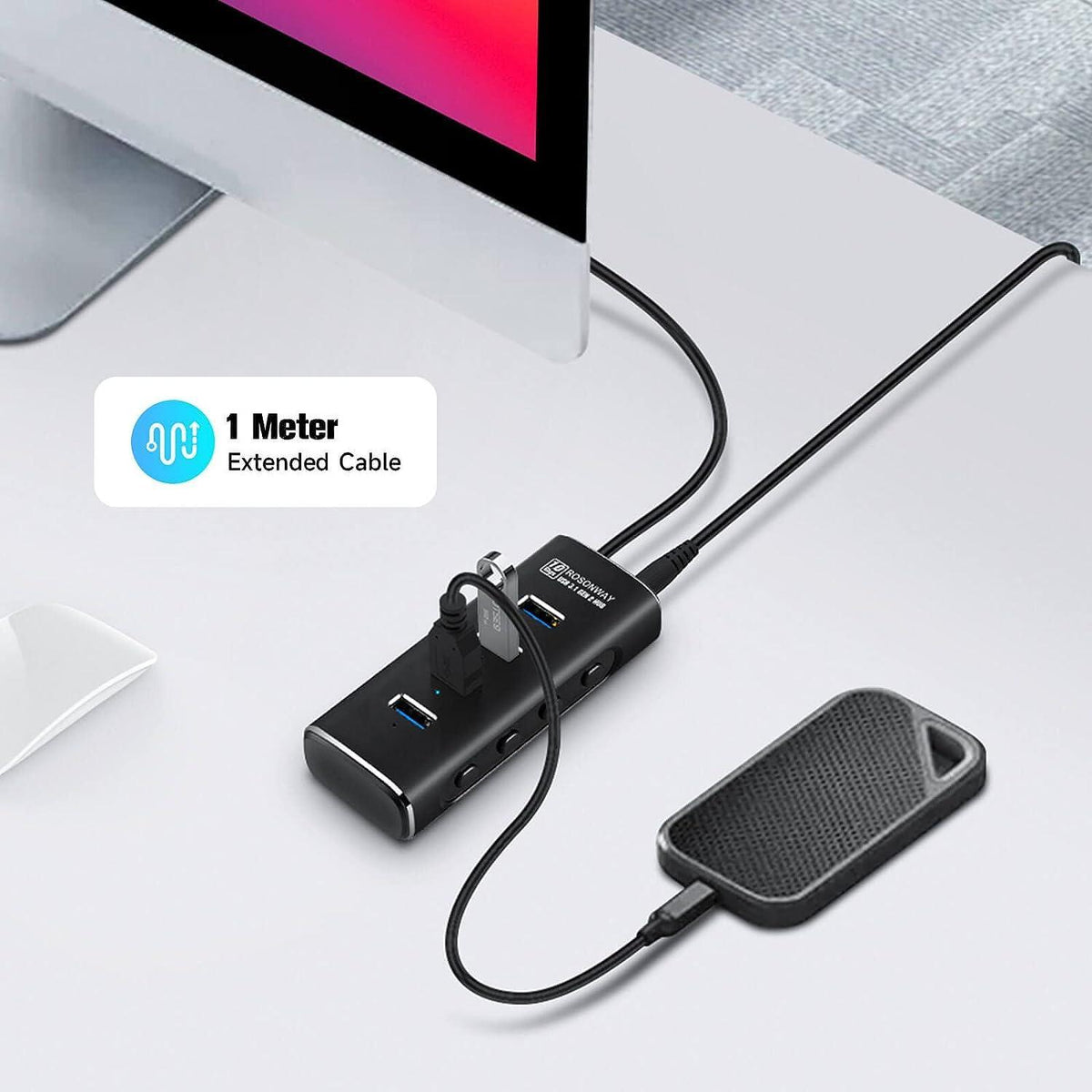 NÖRDIC Gen2 3.2 USB-A 4-ports Powered Hub 10Gbps 1m kabel individuel switch