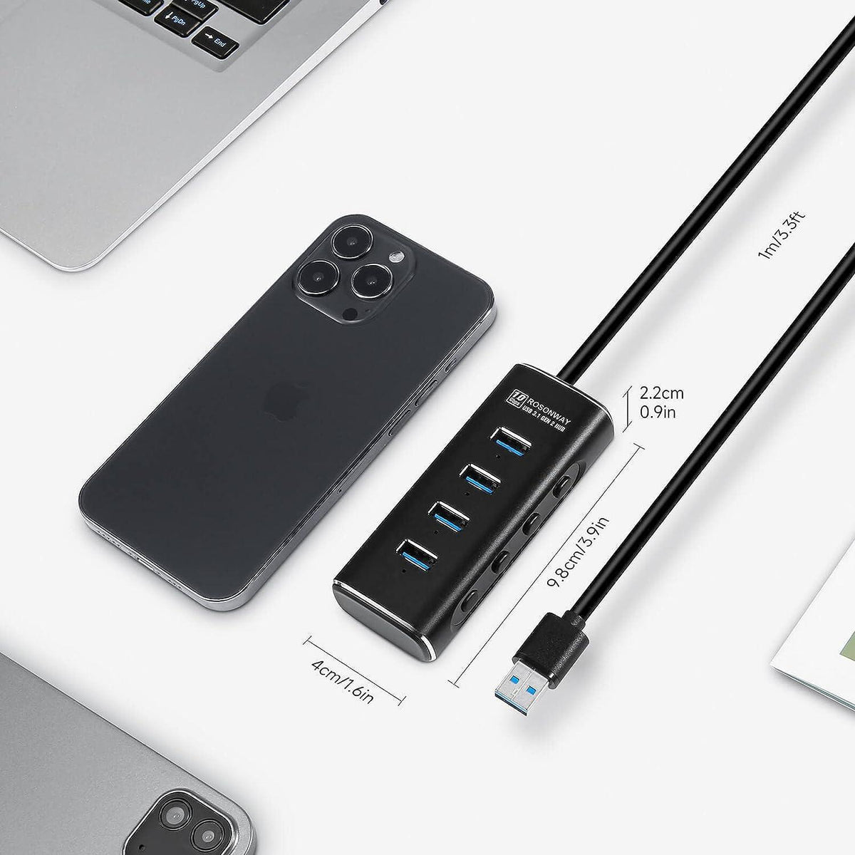 NÖRDIC Gen2 3.2 USB-A 4-ports Powered Hub 10Gbps 1m kabel individuel switch