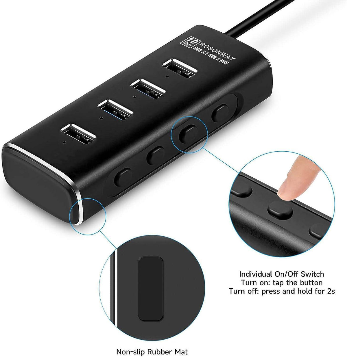 NÖRDIC Gen2 3.2 USB-A 4-ports Powered Hub 10Gbps 1m kabel individuel switch