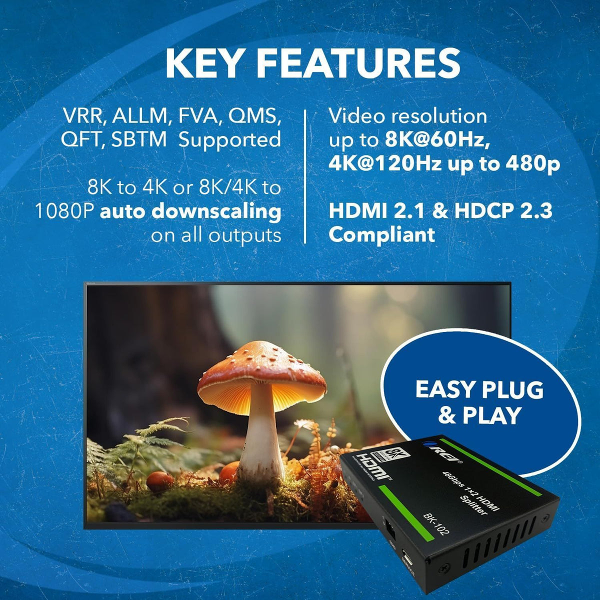 NÖRDIC 8K HDMI 2.1 Splitter 1 til 2 & Extractor Optisk SPDIF & Stereo HDR EDID Dolby Atmos, True HD, Digital Plus, DTS-HD Master