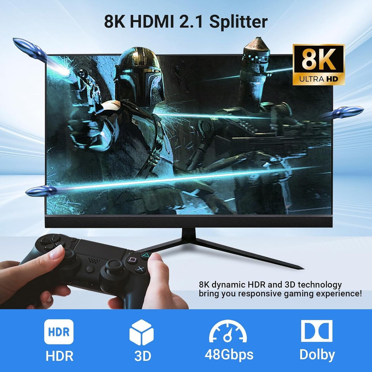 NÖRDIC 8K HDMI 2.1 Splitter 1 til 2 & Extractor Optisk SPDIF & Stereo HDR EDID Dolby Atmos, True HD, Digital Plus, DTS-HD Master