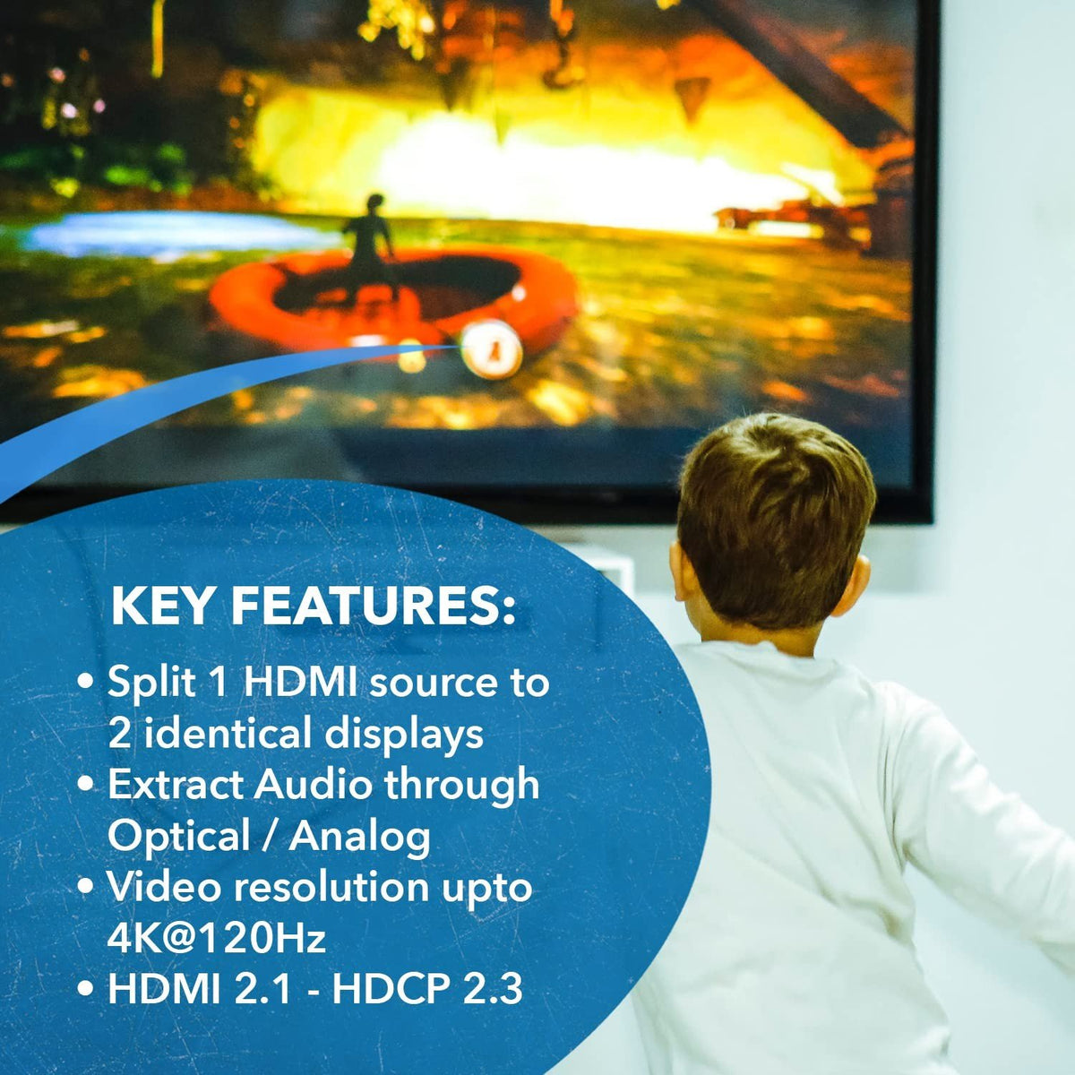 NÖRDIC 8K HDMI 2.1 Splitter 1 til 2 & Extractor Optisk SPDIF & Stereo HDR EDID Dolby Atmos, True HD, Digital Plus, DTS-HD Master