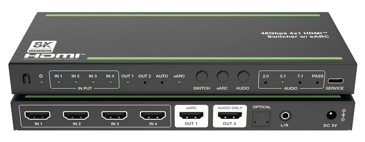 NÖRDIC 8K HDMI 2.1 eARC/ARC Extractor med indbygget 4 til 1-switch, HDMI/Optisk/3,5 mm, Dolby Vision, Dolby Atmos, LPCM 7.1CH, CEC, HDR, VRR, HDCP 2.3