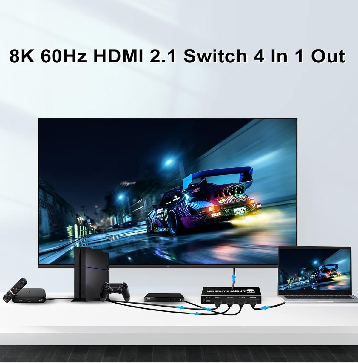 NÖRDIC HDMI 2.1 Switch 4 til 1 8K60Hz 4K144Hz 48Gbps