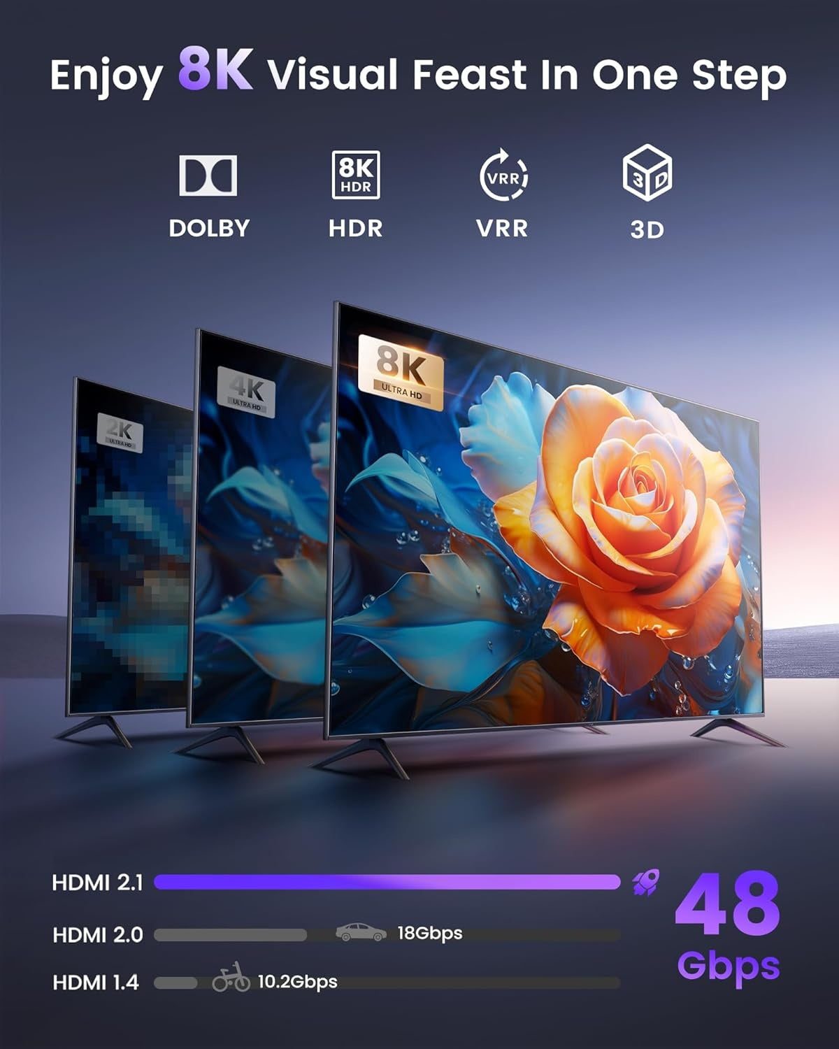 NÖRDIC HDMI 2.1 Switch 2 til 1 8K60Hz 4K@120Hz med fjernbetjening, aluminium