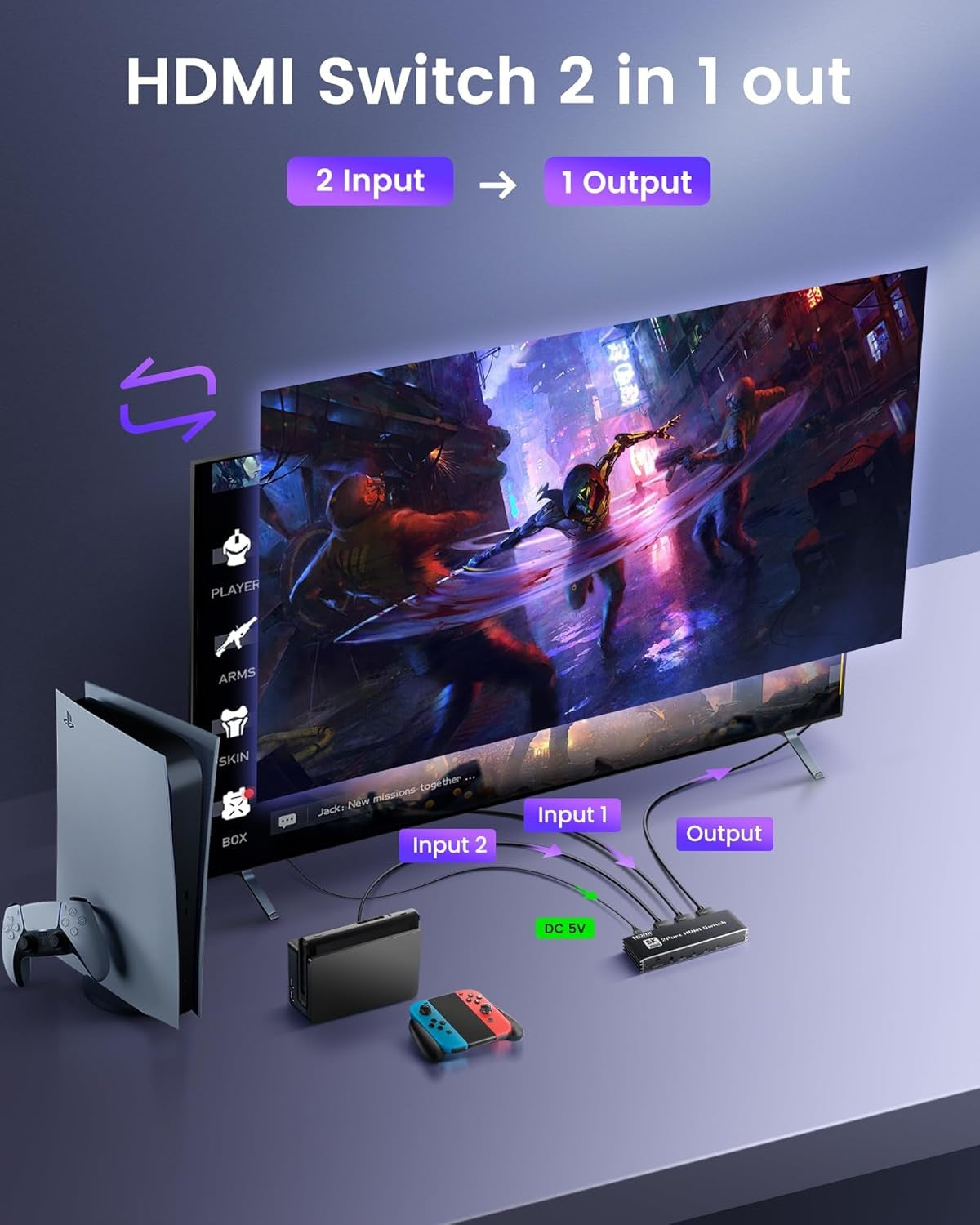 NÖRDIC HDMI 2.1 Switch 2 til 1 8K60Hz 4K@120Hz med fjernbetjening, aluminium