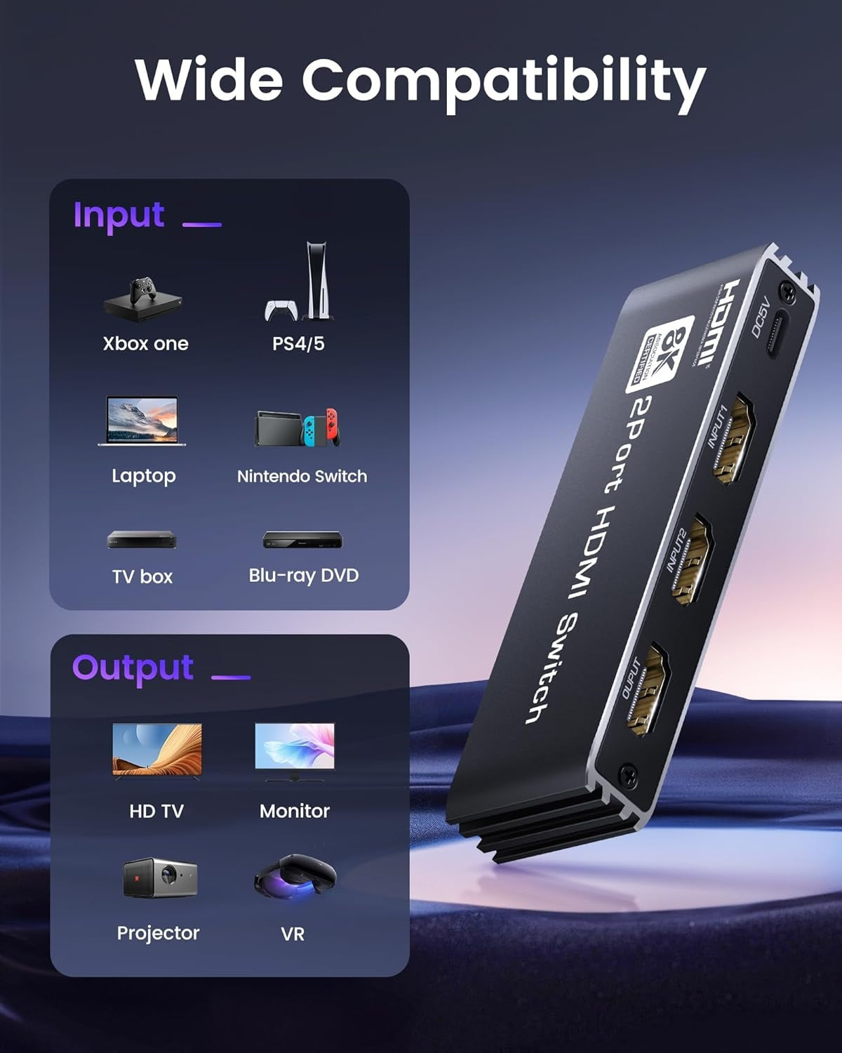 NÖRDIC HDMI 2.1 Switch 2 til 1 8K60Hz 4K@120Hz med fjernbetjening, aluminium