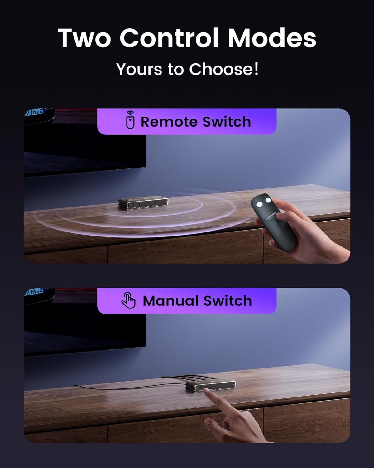 NÖRDIC HDMI 2.1 Switch 2 til 1 8K60Hz 4K@120Hz med fjernbetjening, aluminium