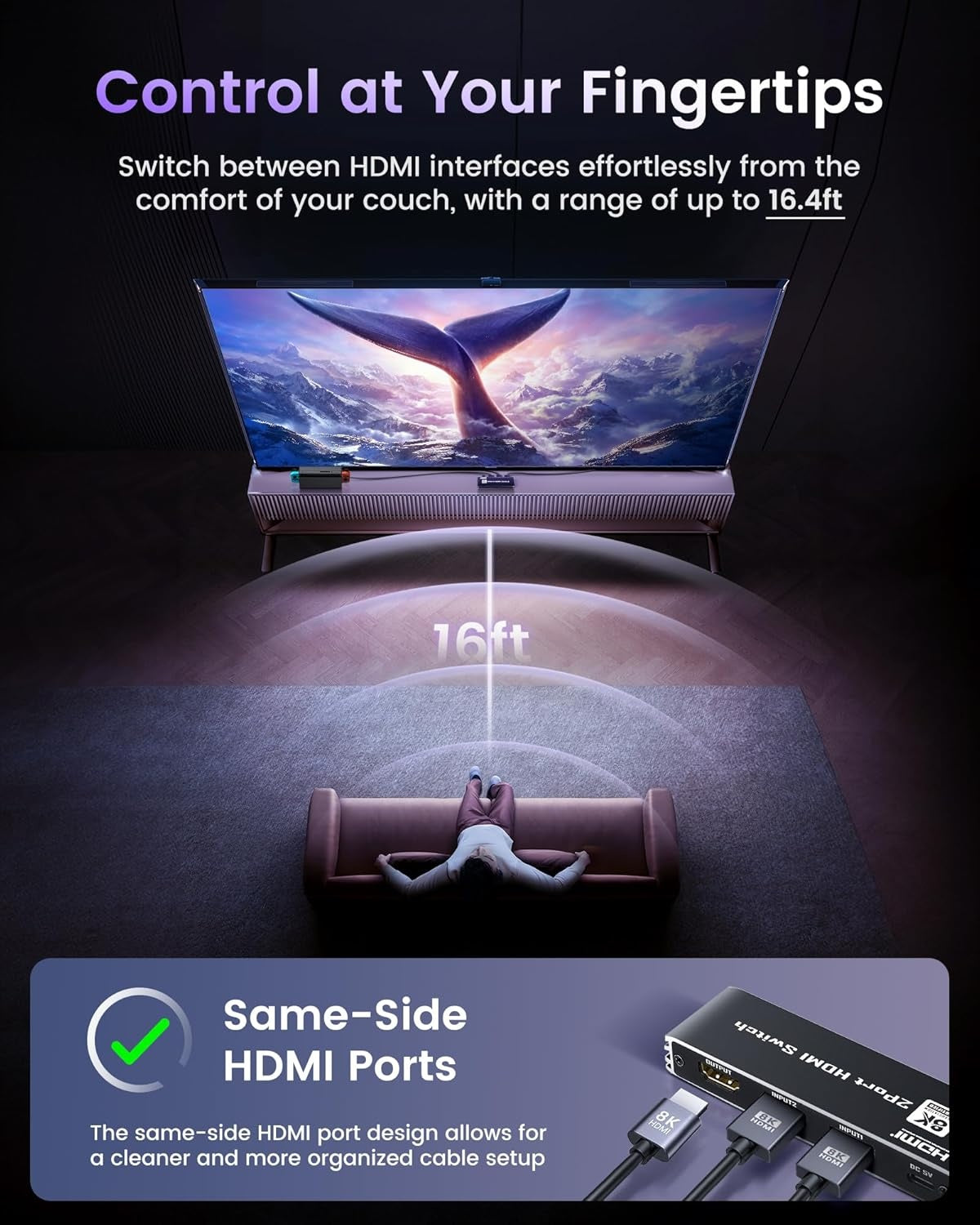 NÖRDIC HDMI 2.1 Switch 2 til 1 8K60Hz 4K@120Hz med fjernbetjening, aluminium