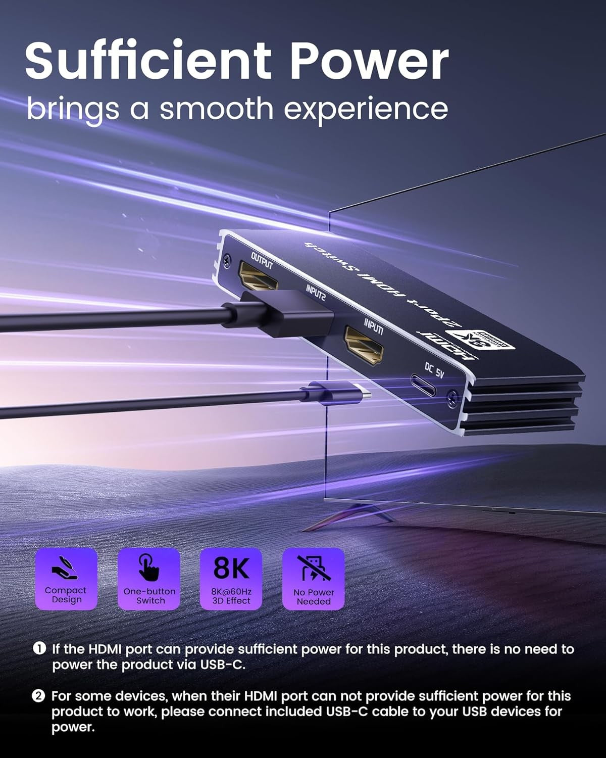 NÖRDIC HDMI 2.1 Switch 2 til 1 8K60Hz 4K@120Hz med fjernbetjening, aluminium