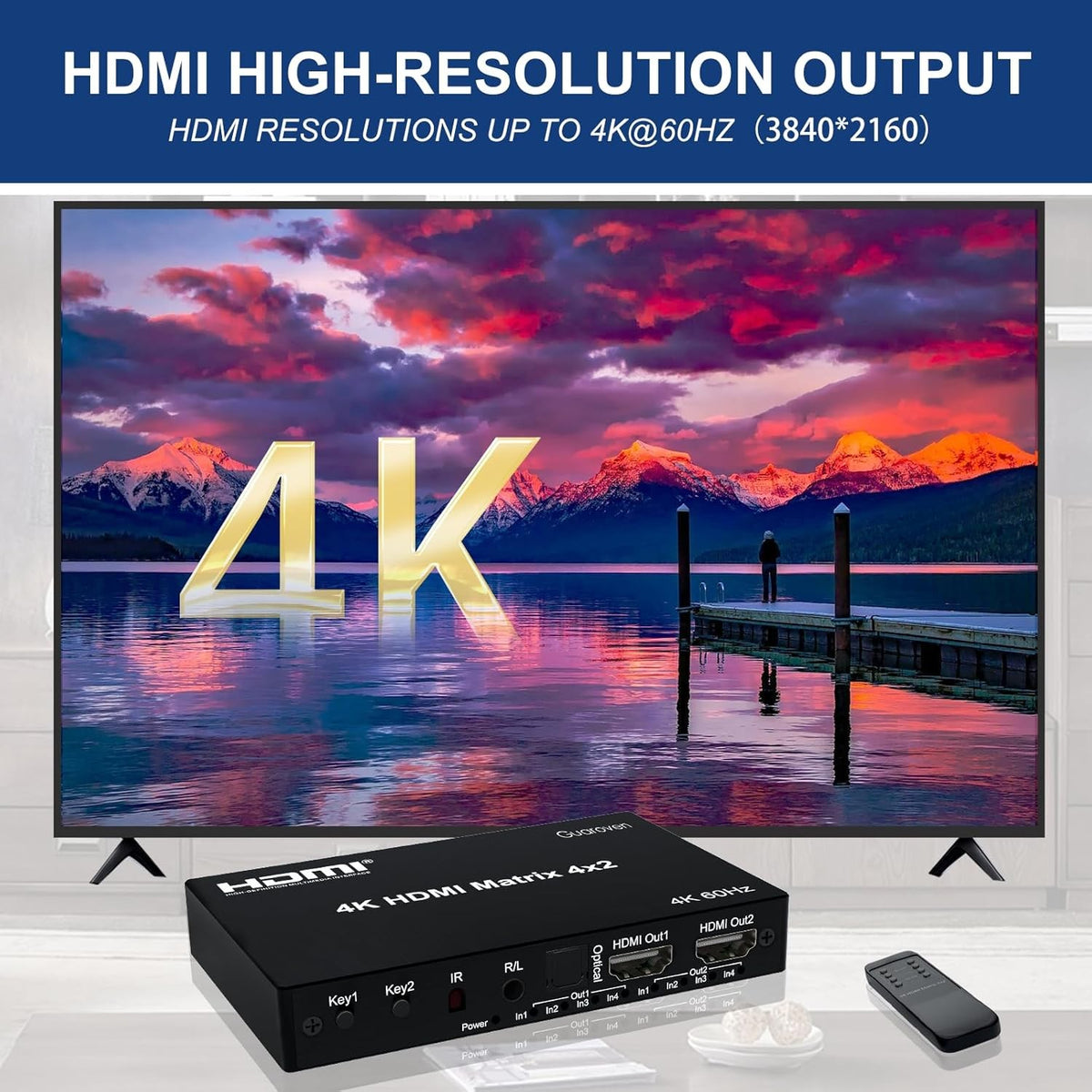 NÖRDIC HDMI 4K 60Hz Matrix-switch 4x2 3D Video Toslink Stereo EDID