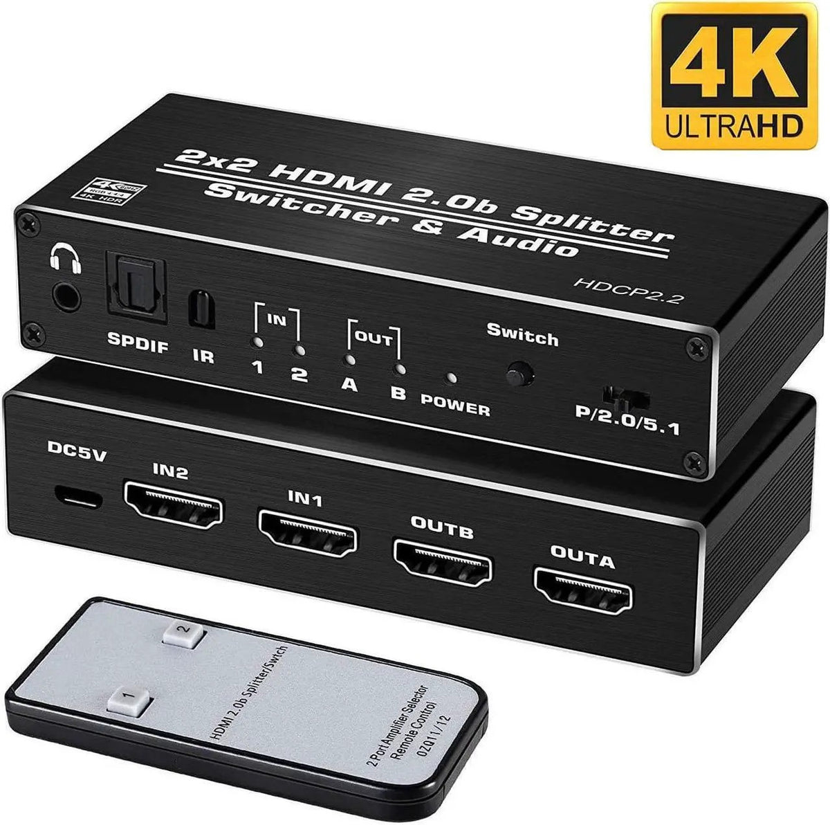 NÖRDIC HDMI 4K 60Hz Switch-Splitter 2x2 Audio SPDIF/Stereo med fjernbetjening