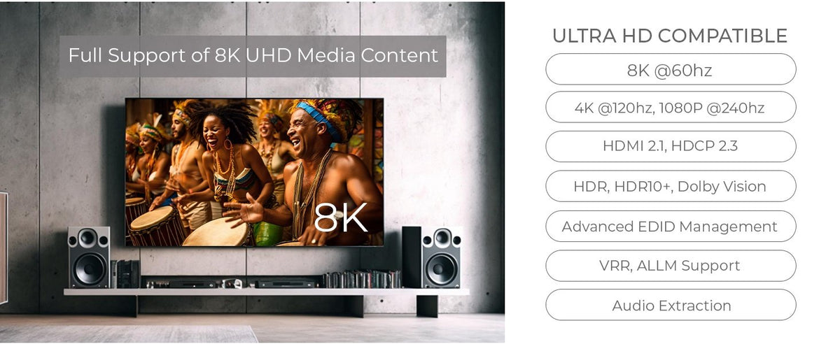 NÖRDIC 8K HDMI 2.1 Switch og Extractor 2 til 1 8K60Hz 4K120Hz CEC HDR Dolby Atmos, True HD, Digital Plus, DTS-HD Master