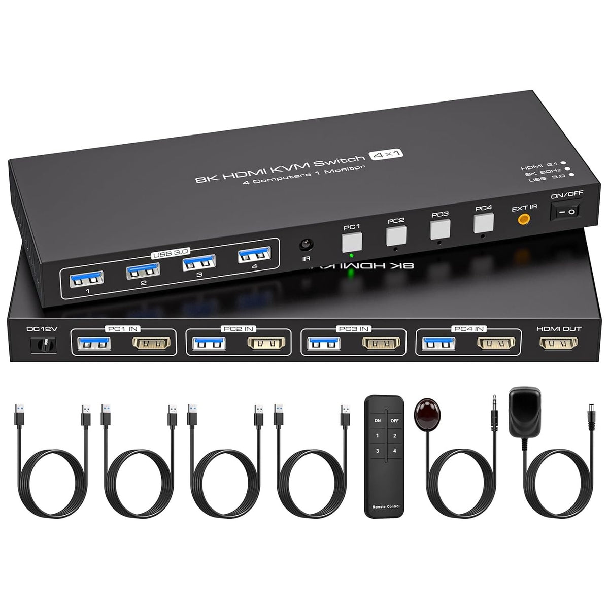 NÖRDIC HDMI KVM-switch 4 computere 1 skærm 8K 60Hz 4K 144/120Hz 4xUSB-enheder