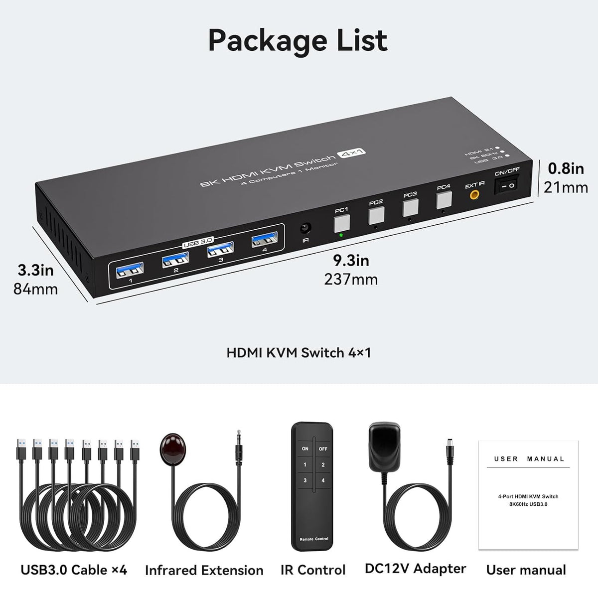 NÖRDIC HDMI KVM-switch 4 computere 1 skærm 8K 60Hz 4K 144/120Hz 4xUSB-enheder